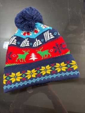 Aldi Gear adult Holiday Pom Pom Beanie - Navy, Red & Green
